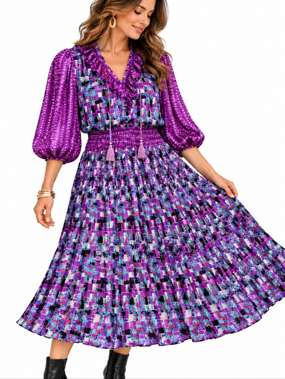 Vintage 80s Diane Freis Purple Pleated Drop Waist Midi Dress L Maximalist